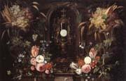 Jan Van Kessel Still life of various flowers and grapes encircling a reliqu ary containing the host,set within a stone niche USA oil painting artist